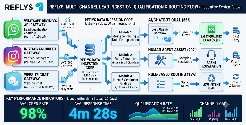 Analytics dashboard in a WhatsApp API for business showing lead qualification metrics